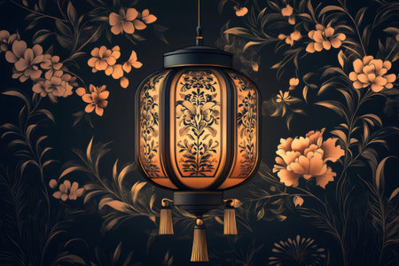 Beautiful chinese paper lantern with golden floral patterns is hanging against a dark floral wallpaper, creating a warm and inviting atmosphereの素材