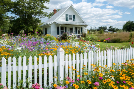 Quaint white house with colorful garden and picket fenceの素材