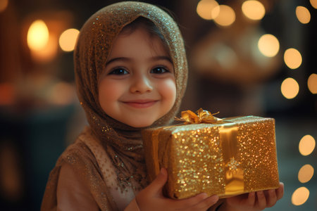Muslim girl wearing a golden hijab smiling and holding a golden gift box with bokeh lights in the backgroundの素材