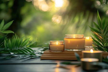 Candles illuminating a tranquil setting surrounded by vibrant green leavesの素材