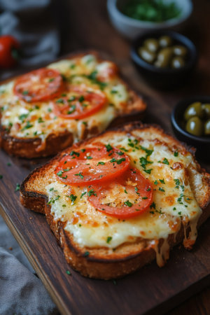 Two slices of toasted bread topped with melted cheese, tomato slices, and fresh parsley, creating a simple yet appetizing snack or mealの素材