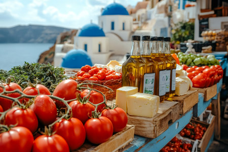 Cherry tomatoes, cheese, and olive oil bottles are displayed on a wooden table with a scenic view of Oia's blue domed churchesの素材