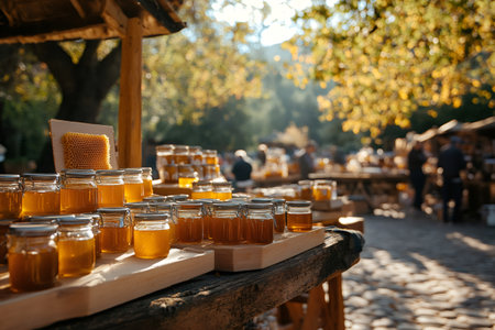 Honey jars displayed on wooden table under dappled sunlightの素材