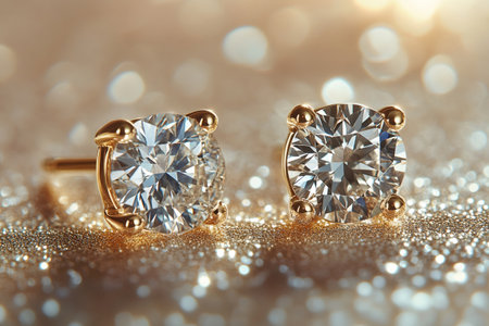 Close up of luxurious diamond earrings sparkling on a glittering gold background, capturing the essence of elegance and sophisticationの素材