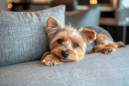 Cute yorkie resting comfortably on a gray couchの素材