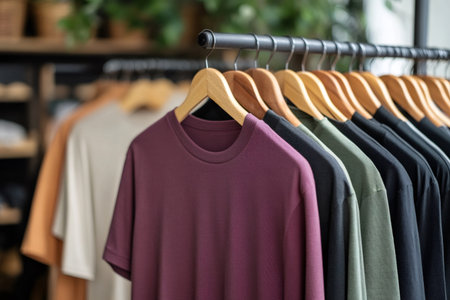 Various colorful t shirts are hanging on wooden hangers in a clothing store, ready for customers to browse and purchaseの素材