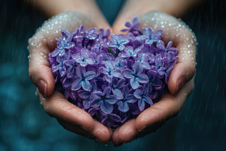 Hands gently cradle lilac blossoms under a soft rainfallの素材