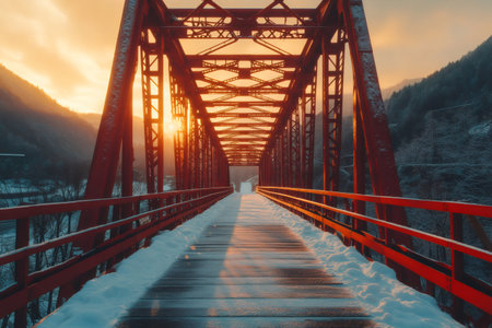 Wooden walkway of snowy red bridge at sunset in a winter mountain landscapeの素材