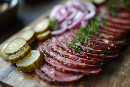 Thinly sliced pastrami arranged on a wooden cutting board, garnished with fresh dill, chives, pickled cucumbers, and red onion ringsの素材