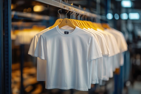 Neatly arranged white t shirts on wooden hangers in a retail settingの素材