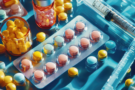 Assorted pills and syringes on a reflective blue surfaceの素材