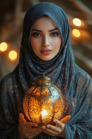 Portrait of a Muslim woman gently holding a glowing lantern, creating a serene and spiritual atmosphereの素材