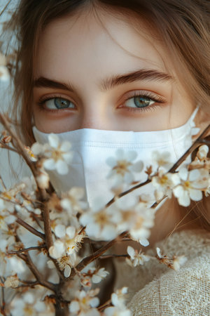 Portrait of young woman wearing protective face mask holding blooming tree branch during spring allergy seasonの素材