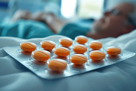 Close up of medication with patient resting in the backgroundの素材