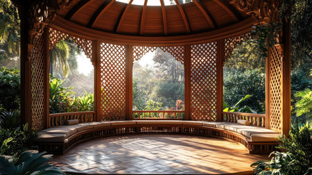 Wooden gazebo offers a peaceful retreat in a vibrant garden settingの素材