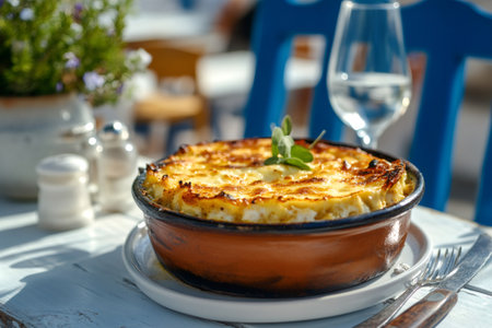 Clay pot with Greek moussaka, decorated with oregano, served on white plate on table in restaurantの素材