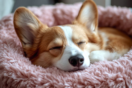 Corgi peacefully sleeping in a fluffy pink bedの素材