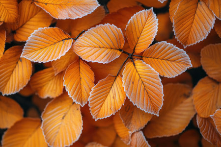 Orange autumn leaves covered with frost creating a natural backgroundの素材
