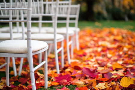 White chairs standing on grass covered by colorful autumn leaves are ready for an outdoor wedding ceremonyの素材