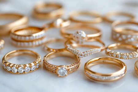 Many gold rings with diamonds are displayed on a white marble surface, showcasing luxury and jewelry craftsmanshipの素材