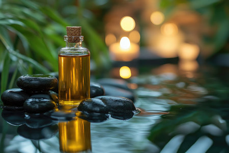 Tranquil spa scene with oil bottle and stones reflecting serenityの素材