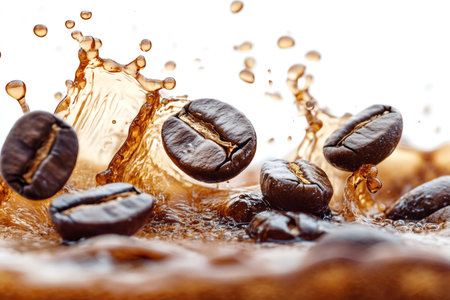 Coffee beans immersed in a dynamic splash of liquidの素材