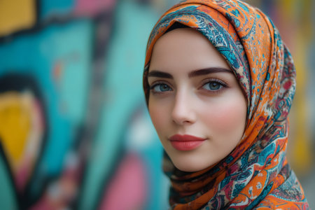Portrait of a beautiful young Muslim woman with blue eyes wearing a colorful hijab in front of a blurred graffiti wallの素材