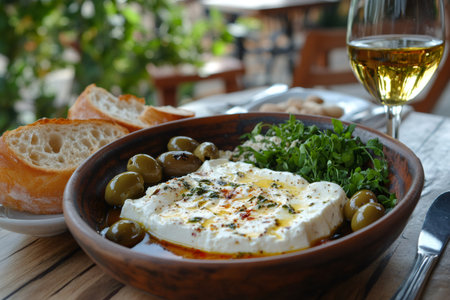 Enjoying a delicious appetizer of creamy white cheese topped with herbs and spices, served with olives, fresh greens, crusty bread, and a glass of chilled white wine in a charming outdoor settingの素材