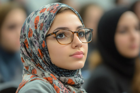Portrait of a focused student wearing hijab and glasses, participating in a university lectureの素材