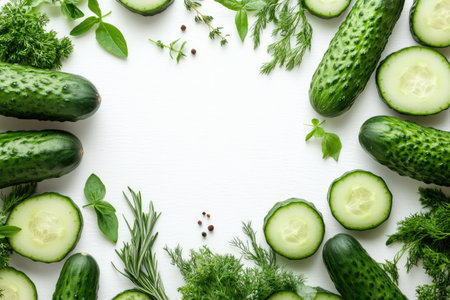 Frame of fresh cucumbers, dill, basil, rosemary, thyme and peppercorns on a white background, creating a vibrant and healthy borderの素材