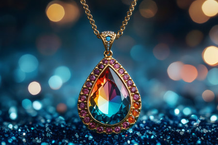 Luxury jewelry with teardrop shaped colorful gemstone hanging on gold chain against a glittering blue backgroundの素材