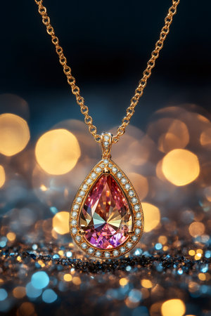 Gold necklace with a large pink gemstone pendant sparkling on a glittering background with bokeh effectの素材