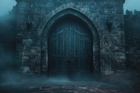 Creepy fog entering medieval castle through large wooden main gate at nightの素材