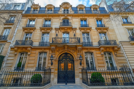 Parisian architecture showcasing an elegant building with ornate gates and balconies, reflecting the rich history and grandeur of French designの素材