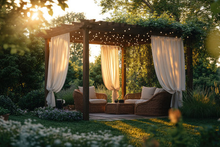 Tranquil garden pergola bathed in golden sunset light, offering a peaceful retreat with comfortable seatingの素材