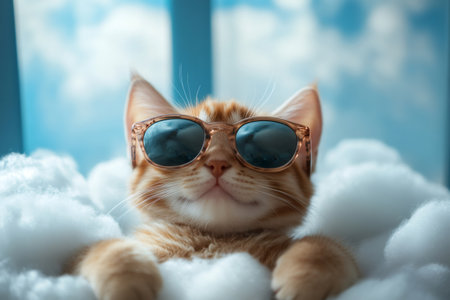 Ginger cat lounging on fluffy clouds with sunglassesの素材