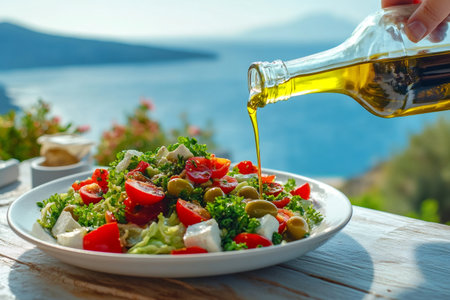 Hand pouring olive oil on a fresh Greek salad with tomatoes, olives, feta cheese, and parsley, with a beautiful sea view in the backgroundの素材