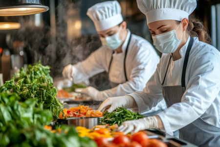 Chefs in masks and uniforms cooking with fresh vegetablesの素材