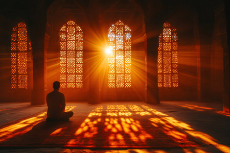 Sun rays shining through ornate windows illuminating praying man in mosqueの素材