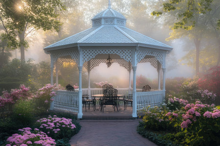 Sun shining through trees on a foggy morning illuminating a white gazebo in a colorful gardenの素材