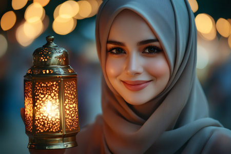 Portrait of smiling Muslim woman holding traditional luminous lantern celebrating Ramadan with bokeh lights in backgroundの素材
