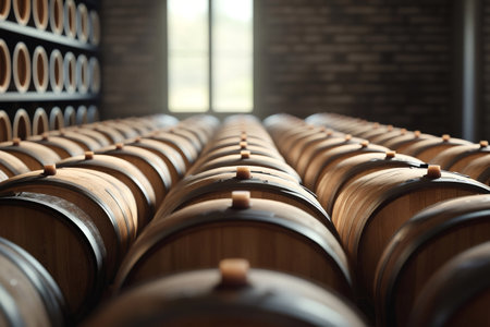 Oak wine barrels aging in rows in a cellar with light coming through a windowの素材