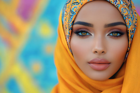Close up portrait of a beautiful Muslim woman with intense gaze, wearing traditional orange hijab, posing against a vibrant, colorful backdropの素材