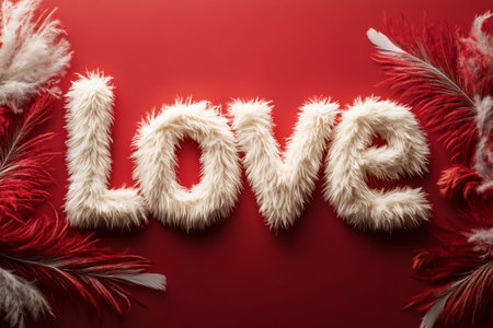 White fluffy love sign on red background with feathers is perfect for Valentine's Day projectsの素材