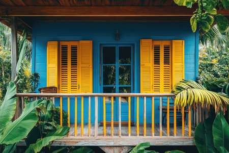Vibrant blue bungalow showcasing yellow shutters, a wooden porch, and surrounded by tropical foliage, evoking a tranquil island getawayの素材