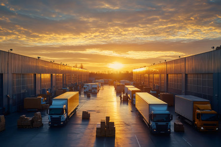 Industrial warehouse exterior with parked trucks and goods ready for delivery at sunsetの素材