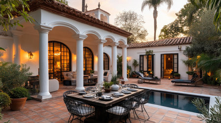 Luxurious villa featuring outdoor dining and pool at sunsetの素材