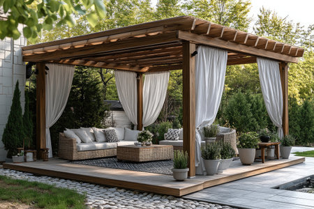Relaxing outdoor patio area with comfortable furniture under a wooden pergola, creating a peaceful retreatの素材