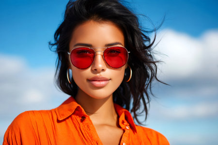 Young woman posing outdoors, feeling confident and stylish under a blue skyの素材