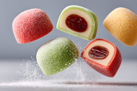 Vibrant marzipan candies with a fruity center and powdered sugar dustingの素材